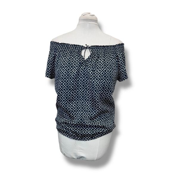 Ann Taylor Women’s Flutter Sleeve Keyhole String Tie Geometric Lightweight Top S - Picture 2 of 10